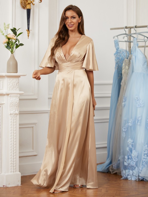 A-Line/Princess Silk like Satin Ruched V-neck Short Sleeves Floor-Length Dresses 4446