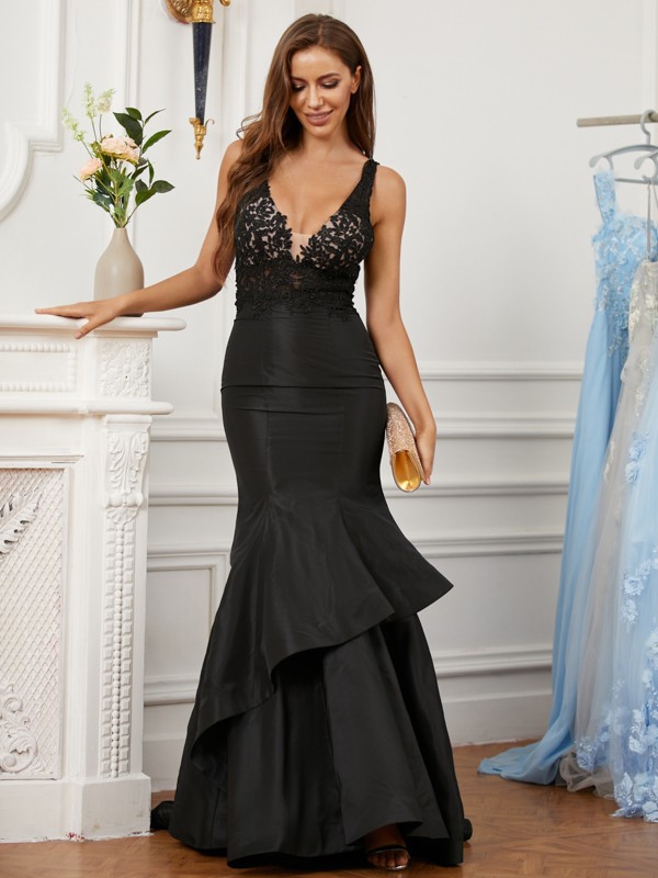 Trumpet/Mermaid Satin Lace V-neck Sleeveless Sweep/Brush Train Dresses 7215