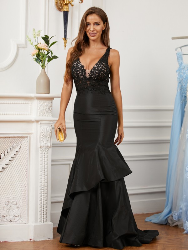 Trumpet/Mermaid Satin Lace V-neck Sleeveless Sweep/Brush Train Dresses 7215