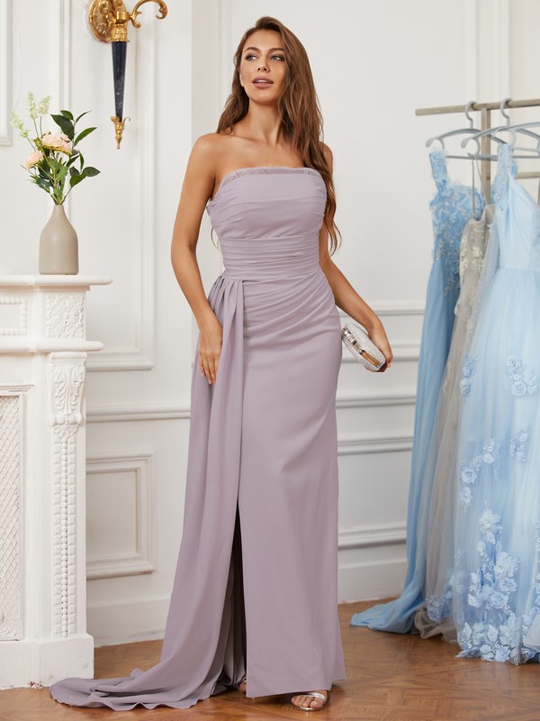 Sheath/Column Stretch Crepe Ruched Strapless Sleeveless Sweep/Brush Train Dresses 6734