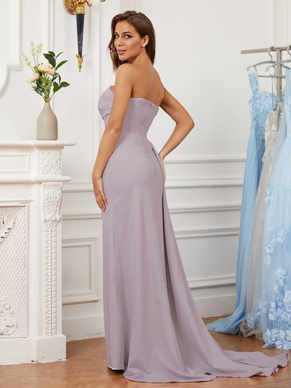 Sheath/Column Stretch Crepe Ruched Strapless Sleeveless Sweep/Brush Train Dresses 6734