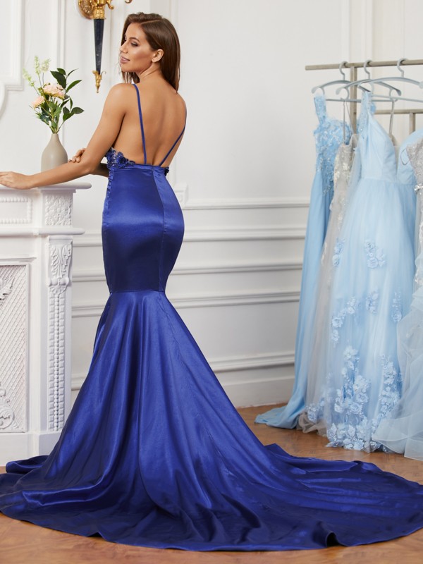 Trumpet/Mermaid Elastic Woven Satin Applique V-neck Sleeveless Sweep/Brush Train Dresses 7036