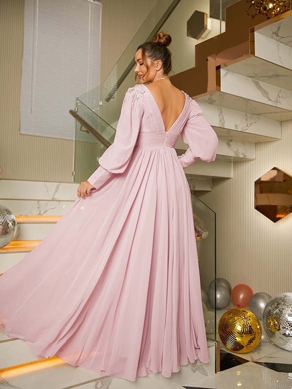 A-Line/Princess Chiffon Ruffles V-neck Long Sleeves Floor-Length Dresses 3490