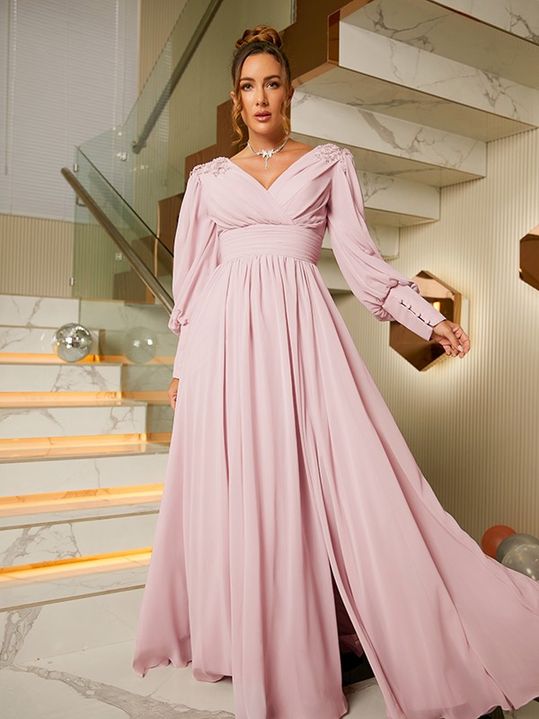 A-Line/Princess Chiffon Ruffles V-neck Long Sleeves Floor-Length Dresses 3490