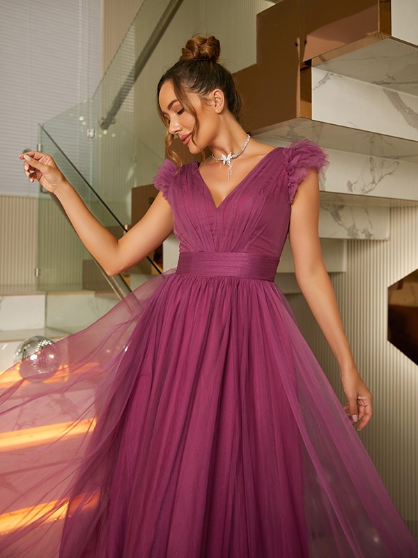 A-Line/Princess Tulle Ruffles V-neck Sleeveless Floor-Length Dresses 5383