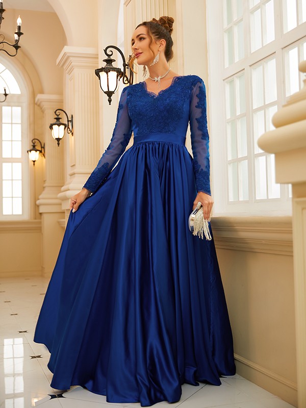 A-Line/Princess Satin Lace V-neck Long Sleeves Floor-Length Dresses 4109