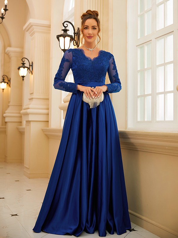 A-Line/Princess Satin Lace V-neck Long Sleeves Floor-Length Dresses 4109