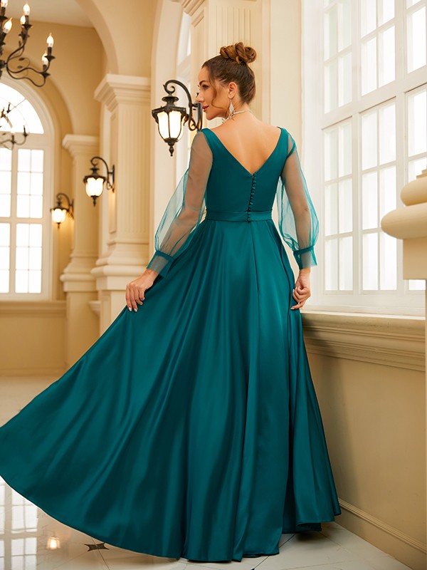 A-Line/Princess Charmeuse Ruffles Square Long Sleeves Floor-Length Dresses 3435