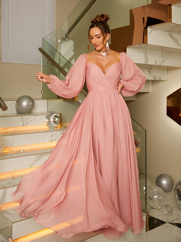 A-Line/Princess 30D Chiffon Ruched V-neck Long Sleeves Floor-Length Dresses 3327