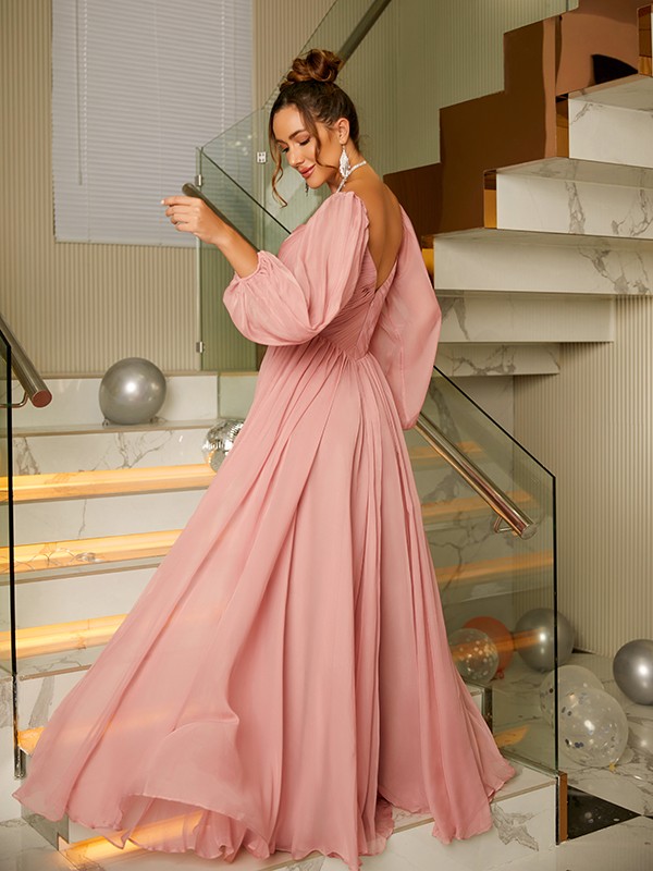 A-Line/Princess 30D Chiffon Ruched V-neck Long Sleeves Floor-Length Dresses 3327