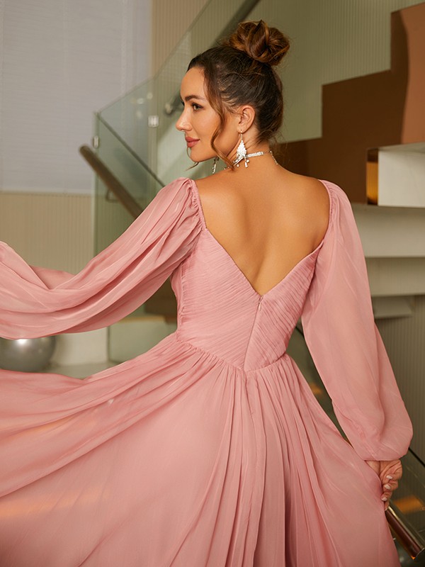 A-Line/Princess 30D Chiffon Ruched V-neck Long Sleeves Floor-Length Dresses 3327