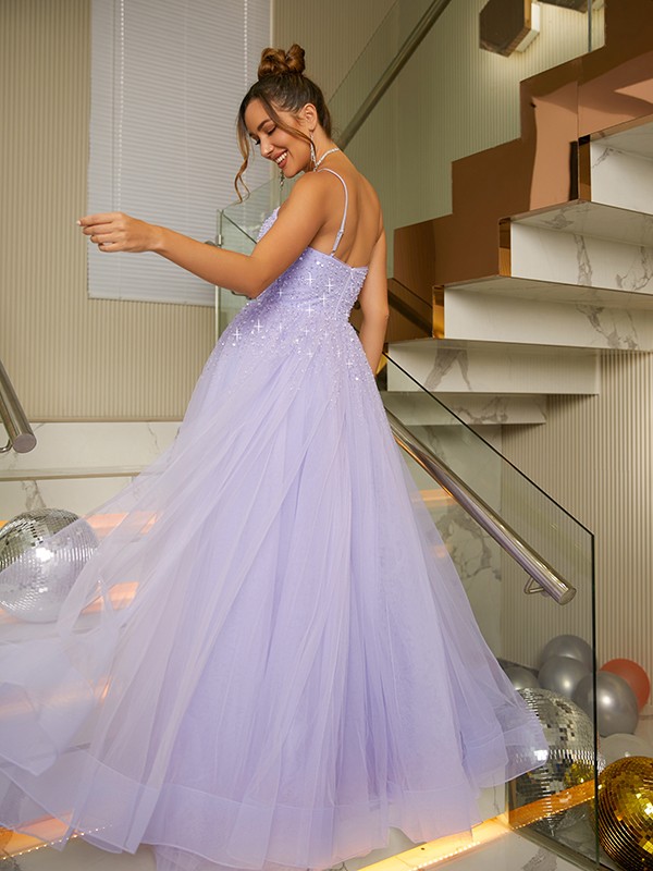 A-Line/Princess Tulle Beading Spaghetti Straps Sleeveless Floor-Length Dresses 5287