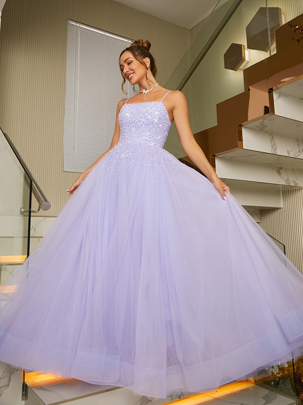 A-Line/Princess Tulle Beading Spaghetti Straps Sleeveless Floor-Length Dresses 5287