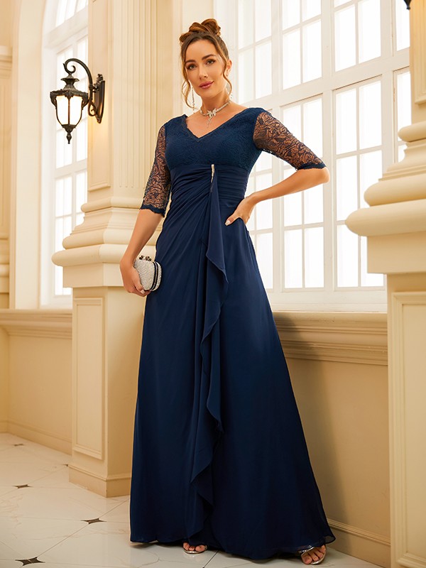 A-Line/Princess Chiffon Ruched V-neck 1/2 Sleeves Floor-Length Dresses 3480