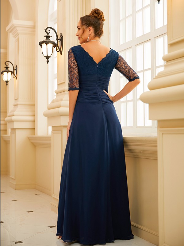 A-Line/Princess Chiffon Ruched V-neck 1/2 Sleeves Floor-Length Dresses 3480