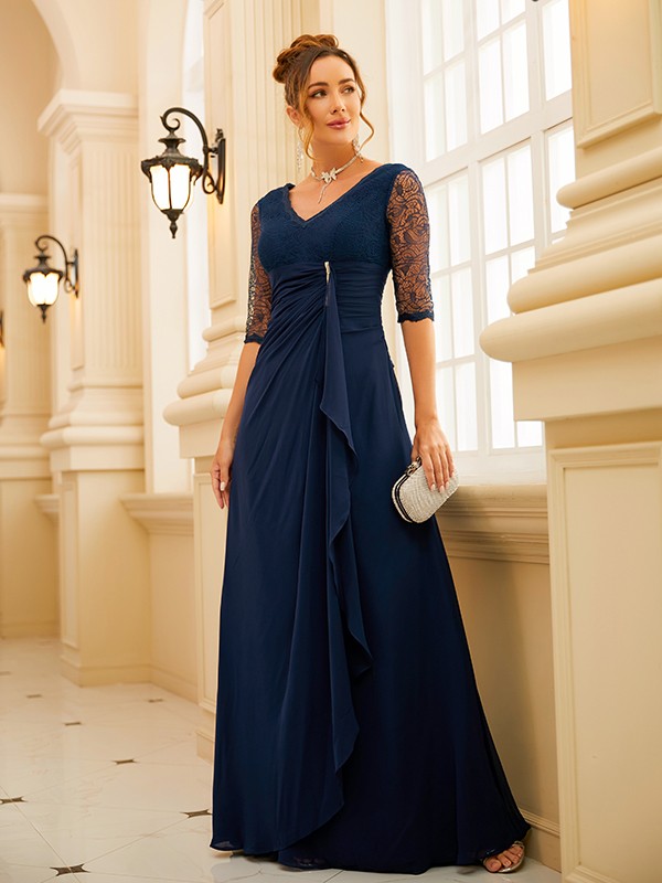 A-Line/Princess Chiffon Ruched V-neck 1/2 Sleeves Floor-Length Dresses 3480