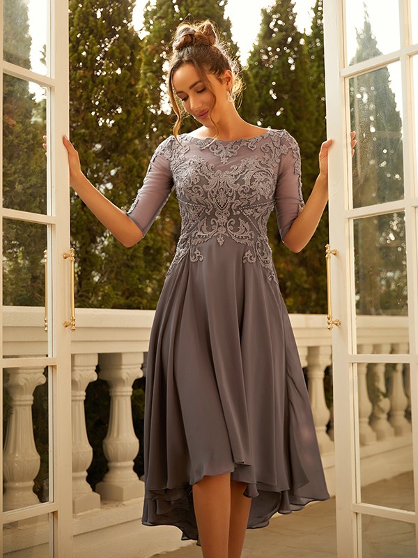 A-Line/Princess Chiffon Applique Scoop 1/2 Sleeves Asymmetrical Dresses 3441