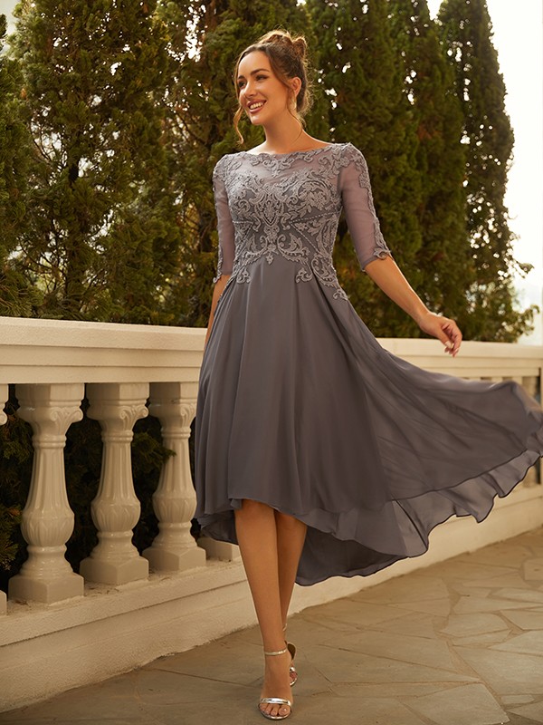 A-Line/Princess Chiffon Applique Scoop 1/2 Sleeves Asymmetrical Dresses 3441