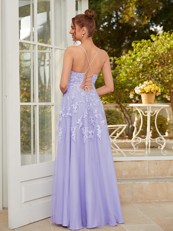 A-Line/Princess Tulle Applique V-neck Sleeveless Floor-Length Dresses 5218