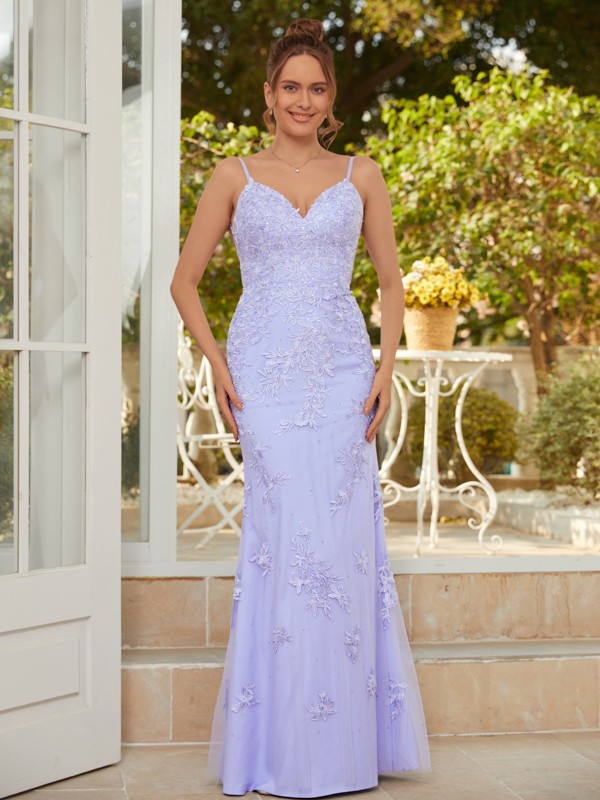 Sheath/Column Tulle Applique V-neck Sleeveless Floor-Length Dresses 6853