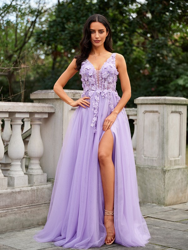 A-Line/Princess Tulle Applique V-neck Sleeveless Floor-Length Dresses 5256