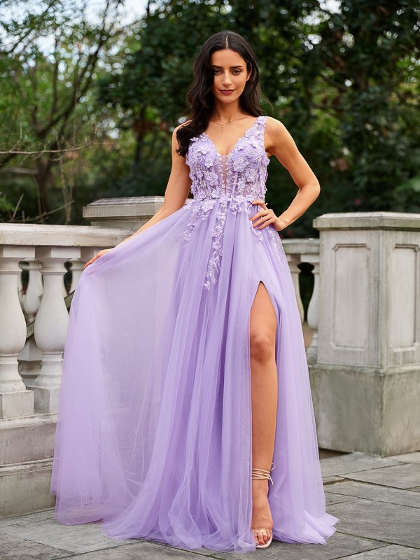 A-Line/Princess Tulle Applique V-neck Sleeveless Floor-Length Dresses 5256