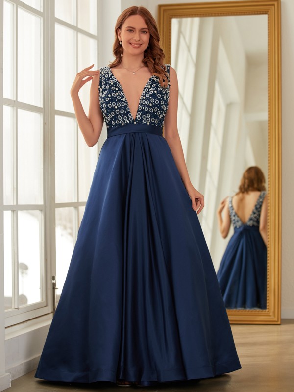 A-Line/Princess Satin Beading V-neck Sleeveless Sweep/Brush Train Dresses 4084