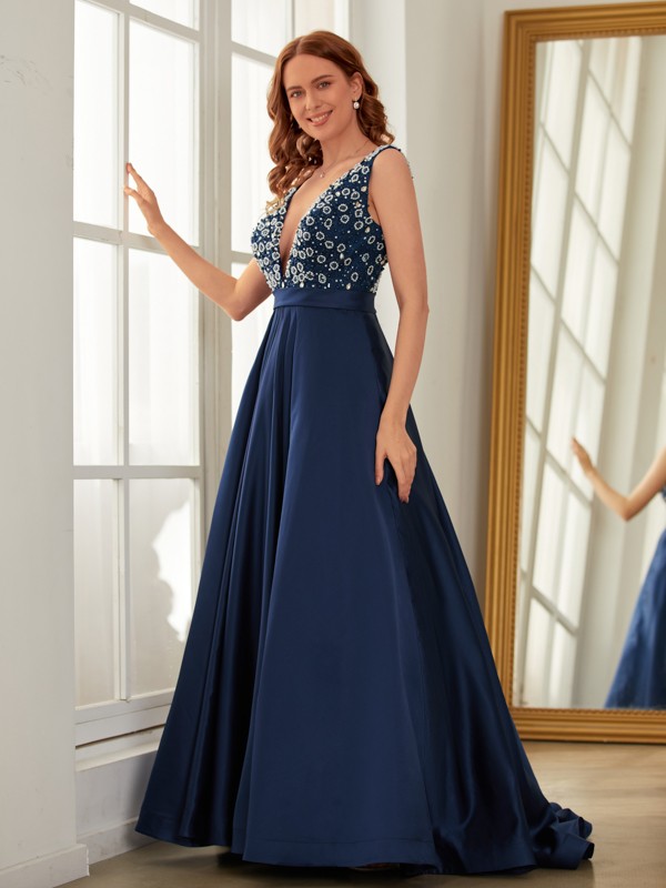 A-Line/Princess Satin Beading V-neck Sleeveless Sweep/Brush Train Dresses 4084