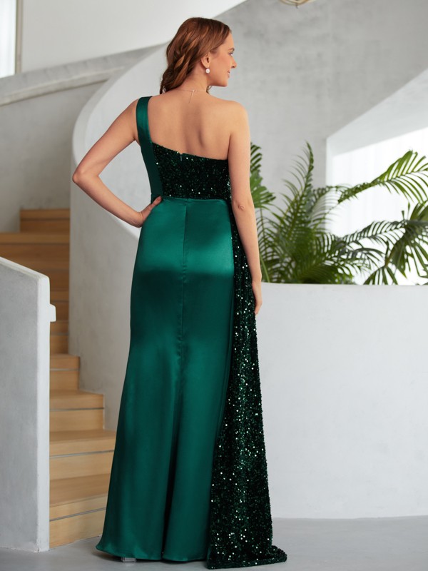 Sheath/Column Velvet Sequins Ruched One-Shoulder Sleeveless Floor-Length Dresses 6440