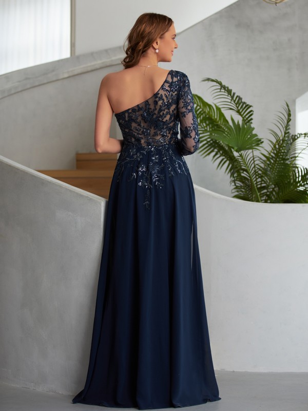 Sheath/Column Chiffon Applique One-Shoulder Long Sleeves Floor-Length Dresses 5876