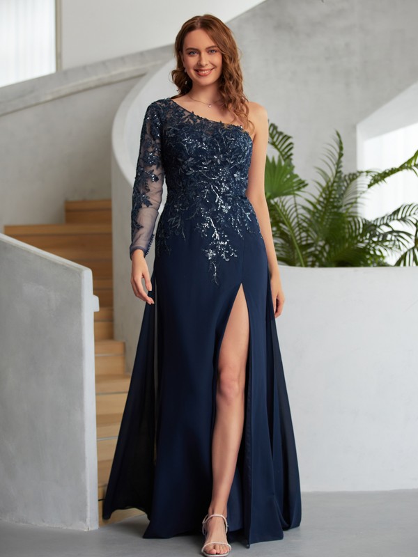 Sheath/Column Chiffon Applique One-Shoulder Long Sleeves Floor-Length Dresses 5876