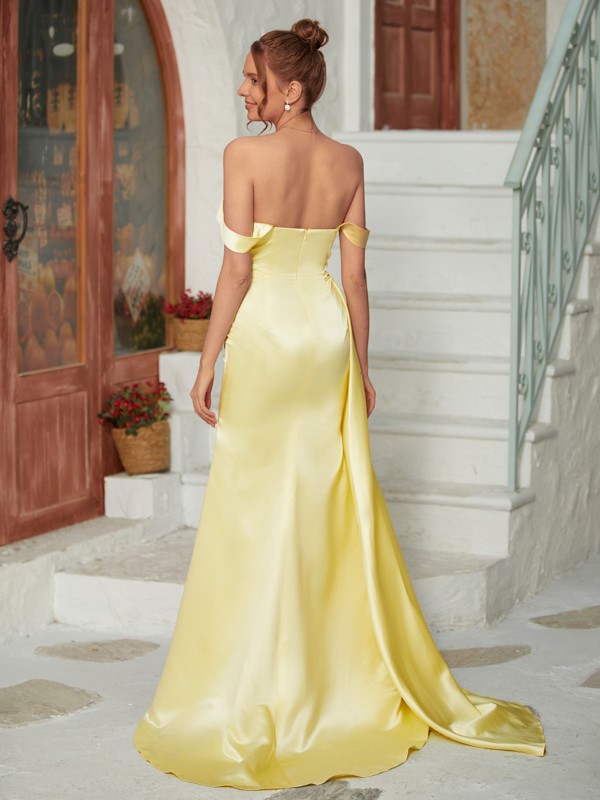 Sheath/Column Satin Ruched Off-the-Shoulder Sleeveless Sweep/Brush Train Dresses 6294