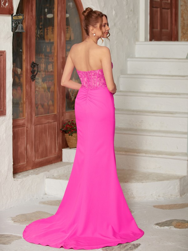 Sheath/Column Stretch Crepe Applique Sweetheart Sleeveless Sweep/Brush Train Dresses 6714