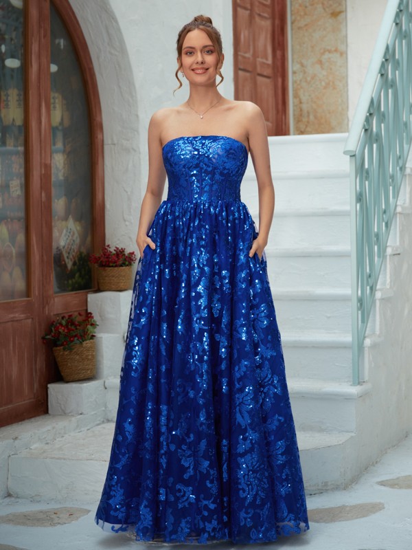 A-Line/Princess Ruffles Strapless Sleeveless Floor-Length Dresses 4025