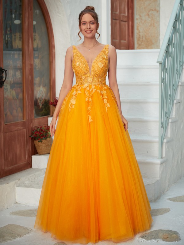 A-Line/Princess Tulle Applique V-neck Sleeveless Floor-Length Dresses 5219