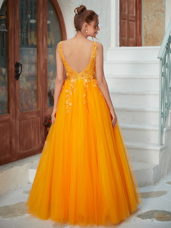 A-Line/Princess Tulle Applique V-neck Sleeveless Floor-Length Dresses 5219