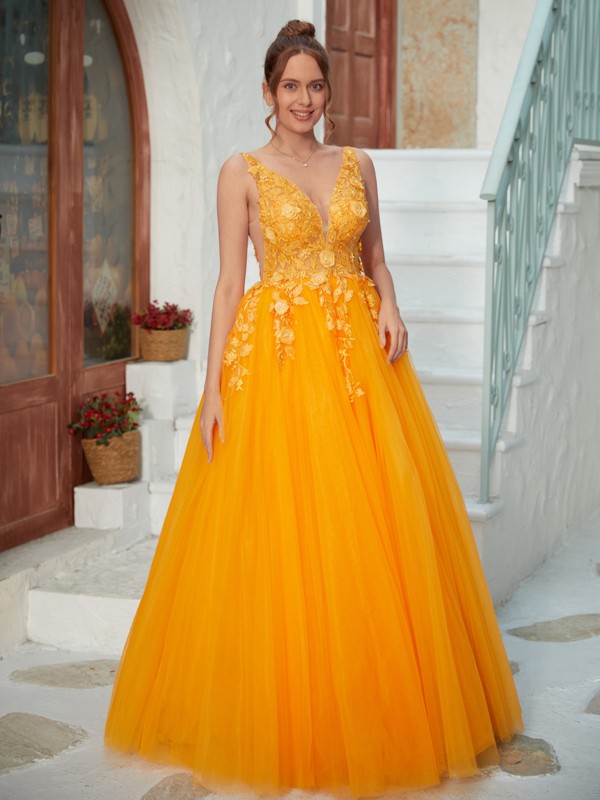 A-Line/Princess Tulle Applique V-neck Sleeveless Floor-Length Dresses 5219