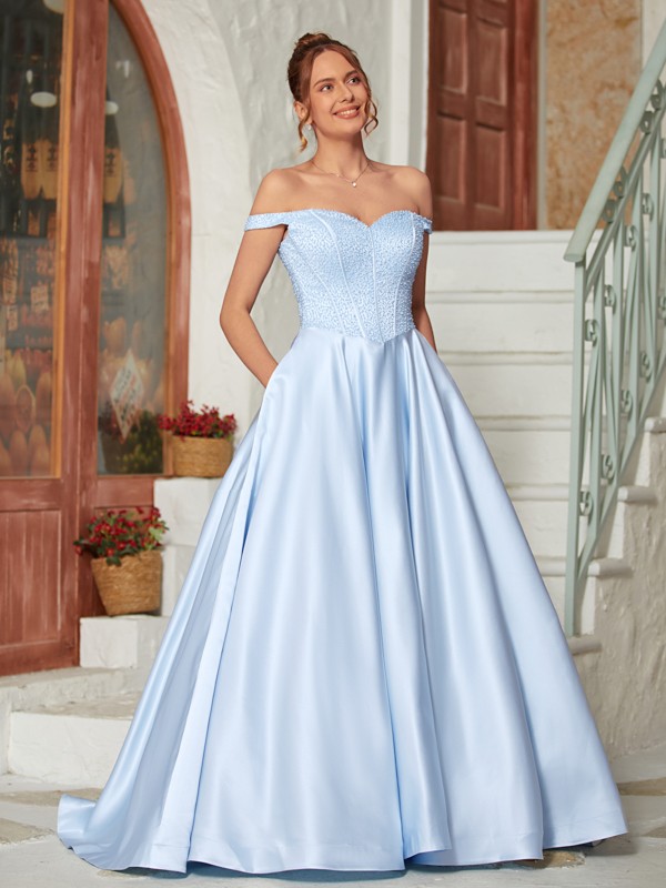 Ball Gown Satin Beading Off-the-Shoulder Sleeveless Sweep/Brush Train Dresses 5676