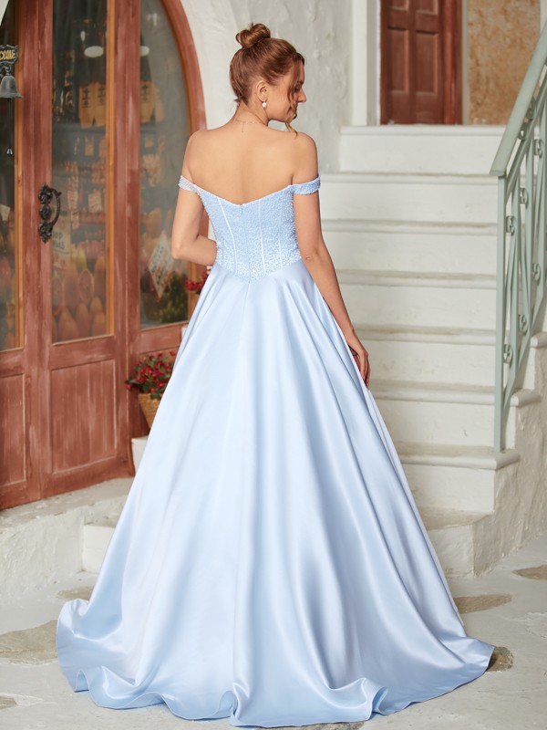 Ball Gown Satin Beading Off-the-Shoulder Sleeveless Sweep/Brush Train Dresses 5676