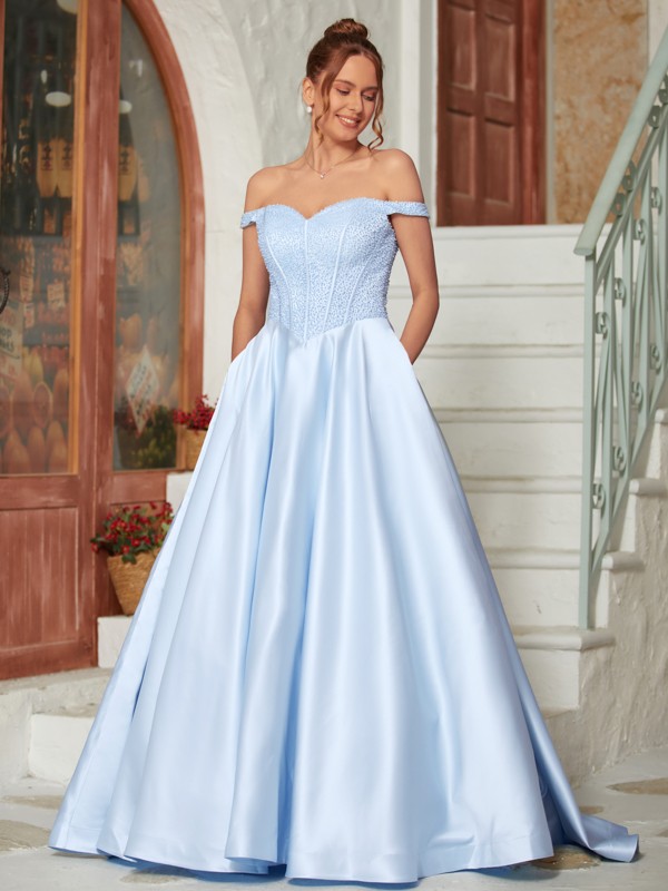 Ball Gown Satin Beading Off-the-Shoulder Sleeveless Sweep/Brush Train Dresses 5676