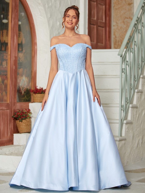 Ball Gown Satin Beading Off-the-Shoulder Sleeveless Sweep/Brush Train Dresses 5676