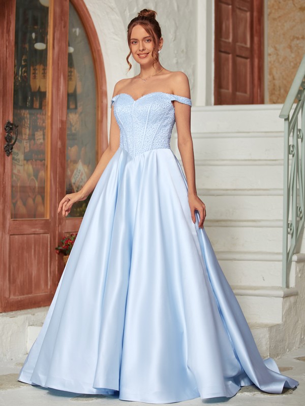 Ball Gown Satin Beading Off-the-Shoulder Sleeveless Sweep/Brush Train Dresses 5676