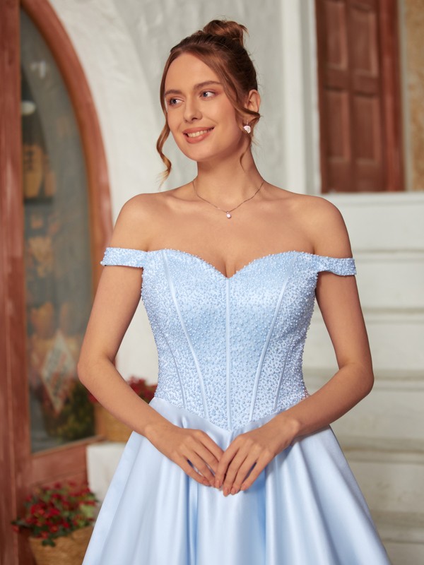 Ball Gown Satin Beading Off-the-Shoulder Sleeveless Sweep/Brush Train Dresses 5676