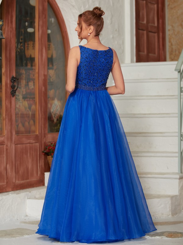 A-Line/Princess Organza Beading V-neck Sleeveless Floor-Length Dresses 3945