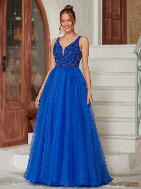 A-Line/Princess Organza Beading V-neck Sleeveless Floor-Length Dresses 3945