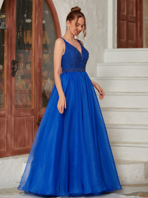 A-Line/Princess Organza Beading V-neck Sleeveless Floor-Length Dresses 3945