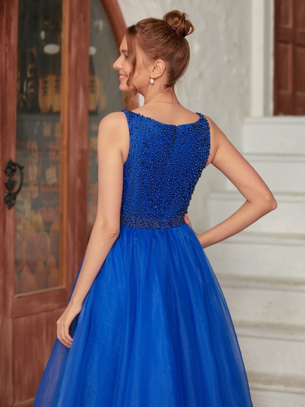 A-Line/Princess Organza Beading V-neck Sleeveless Floor-Length Dresses 3945