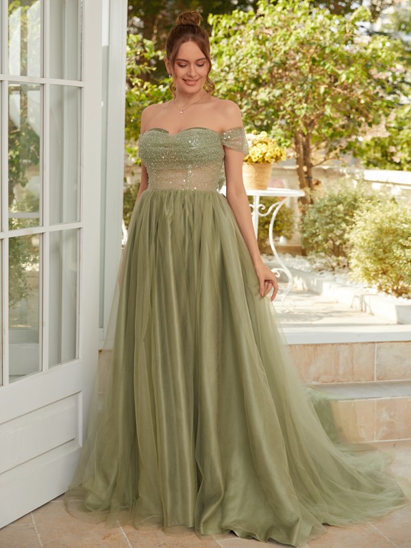 A-Line/Princess Tulle Ruched Off-the-Shoulder Sleeveless Court Train Dresses 5346