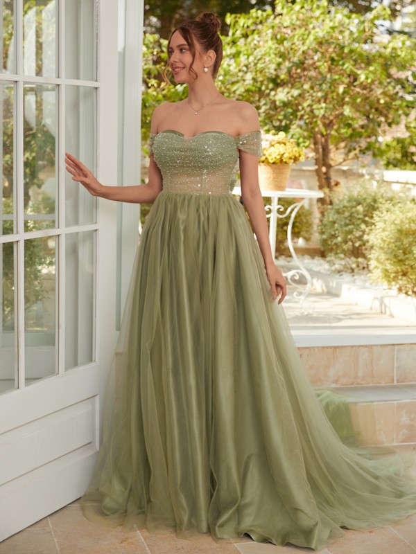 A-Line/Princess Tulle Ruched Off-the-Shoulder Sleeveless Court Train Dresses 5346