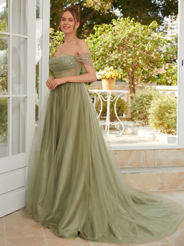 A-Line/Princess Tulle Ruched Off-the-Shoulder Sleeveless Court Train Dresses 5346